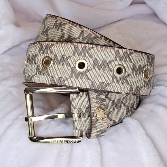 Michael Kors Womens MK Logo Print Tan Brown Belt Gold Buckle Size Small - Picture 2 of 11
